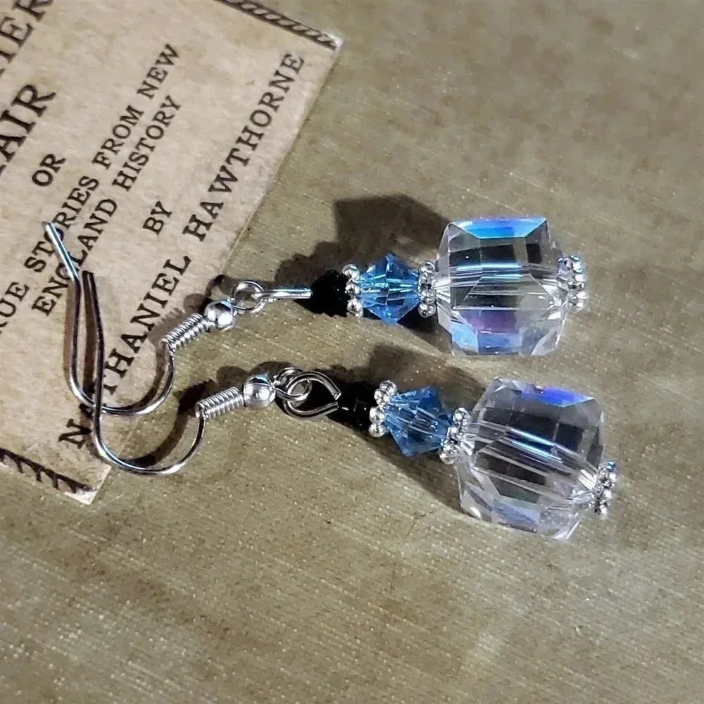 Faceted Czech Crystal Clear Blue Black Silver Cube and Bicone Earrings